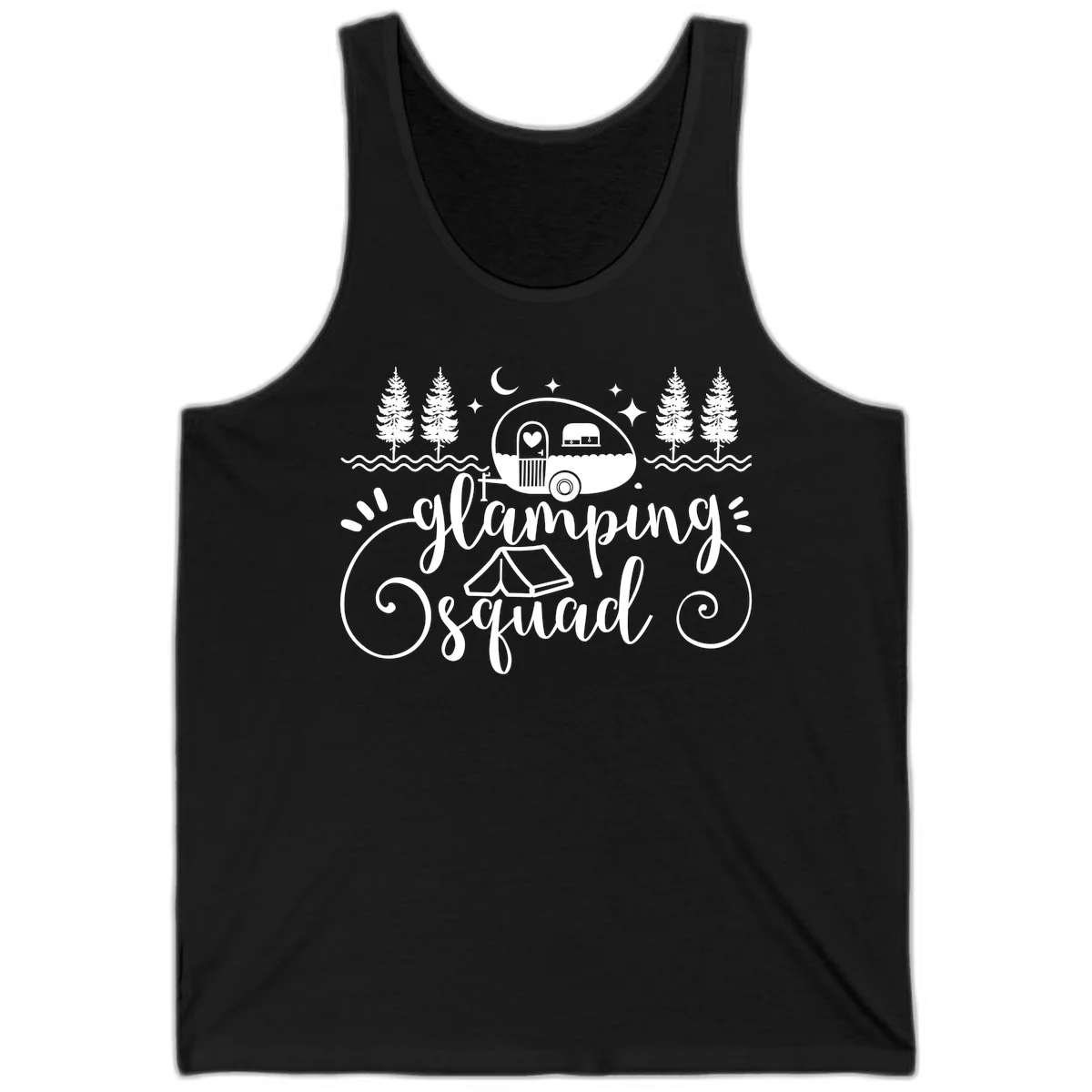 Glamping squad goals design featuring airstream trailer, tent, pine trees, moon and stars with elegant script lettering in Black