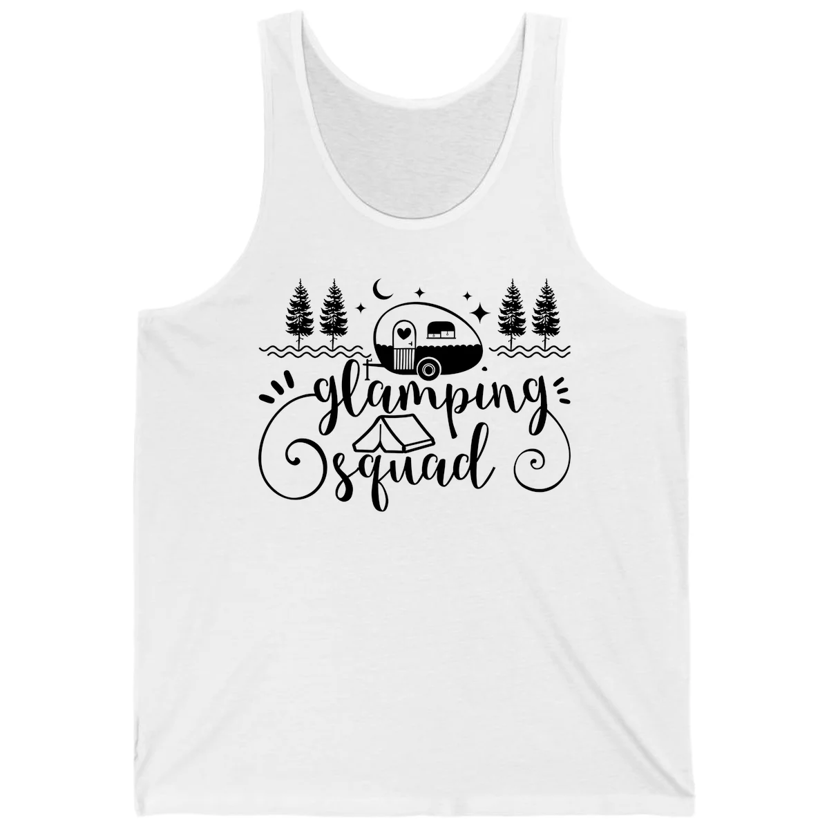 Glamping squad goals design featuring airstream trailer, tent, pine trees, moon and stars with elegant script lettering in White