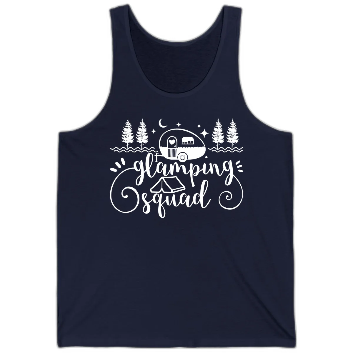 Glamping squad goals design featuring airstream trailer, tent, pine trees, moon and stars with elegant script lettering in Navy