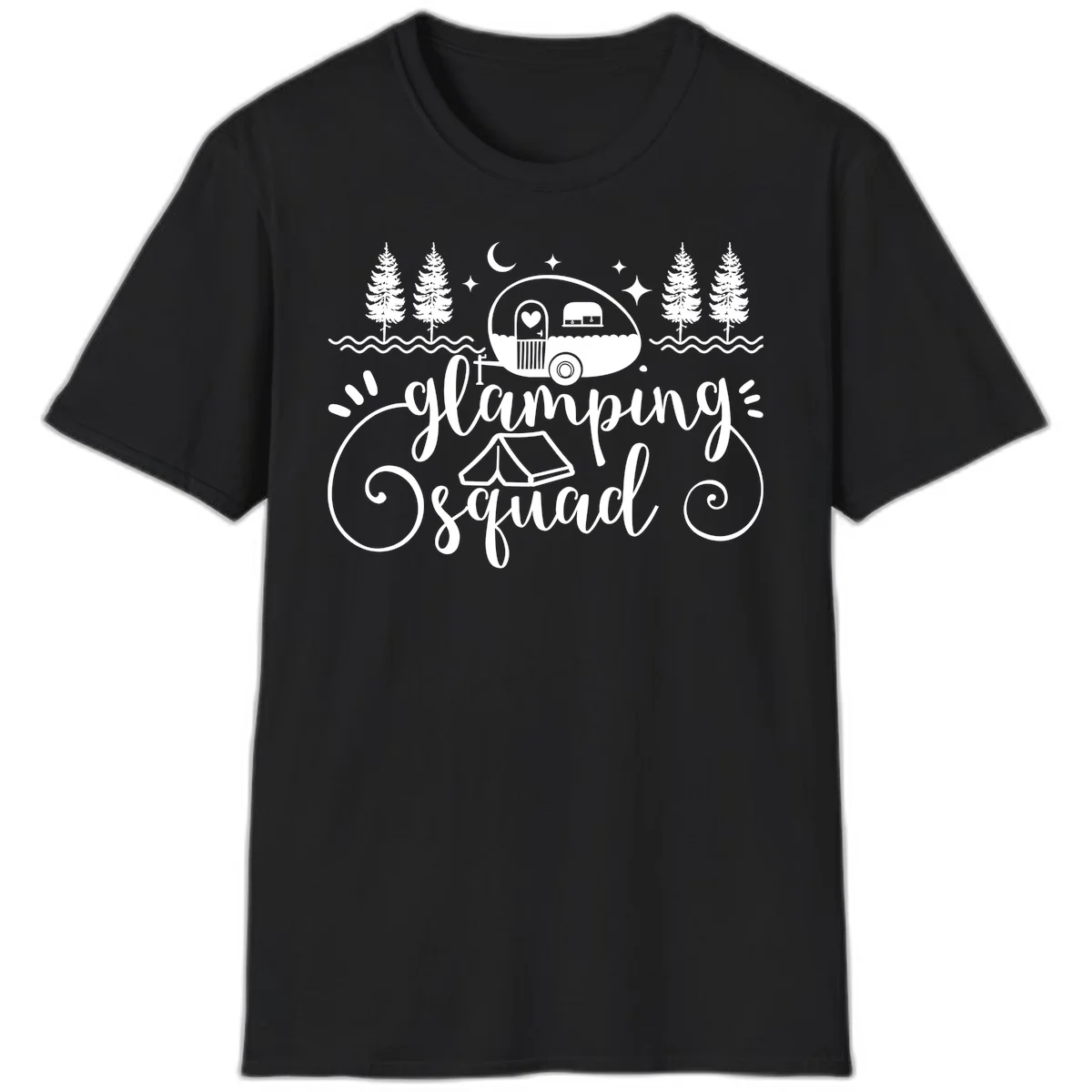 Glamping squad goals design featuring airstream trailer, tent, pine trees, moon and stars with elegant script lettering in Black