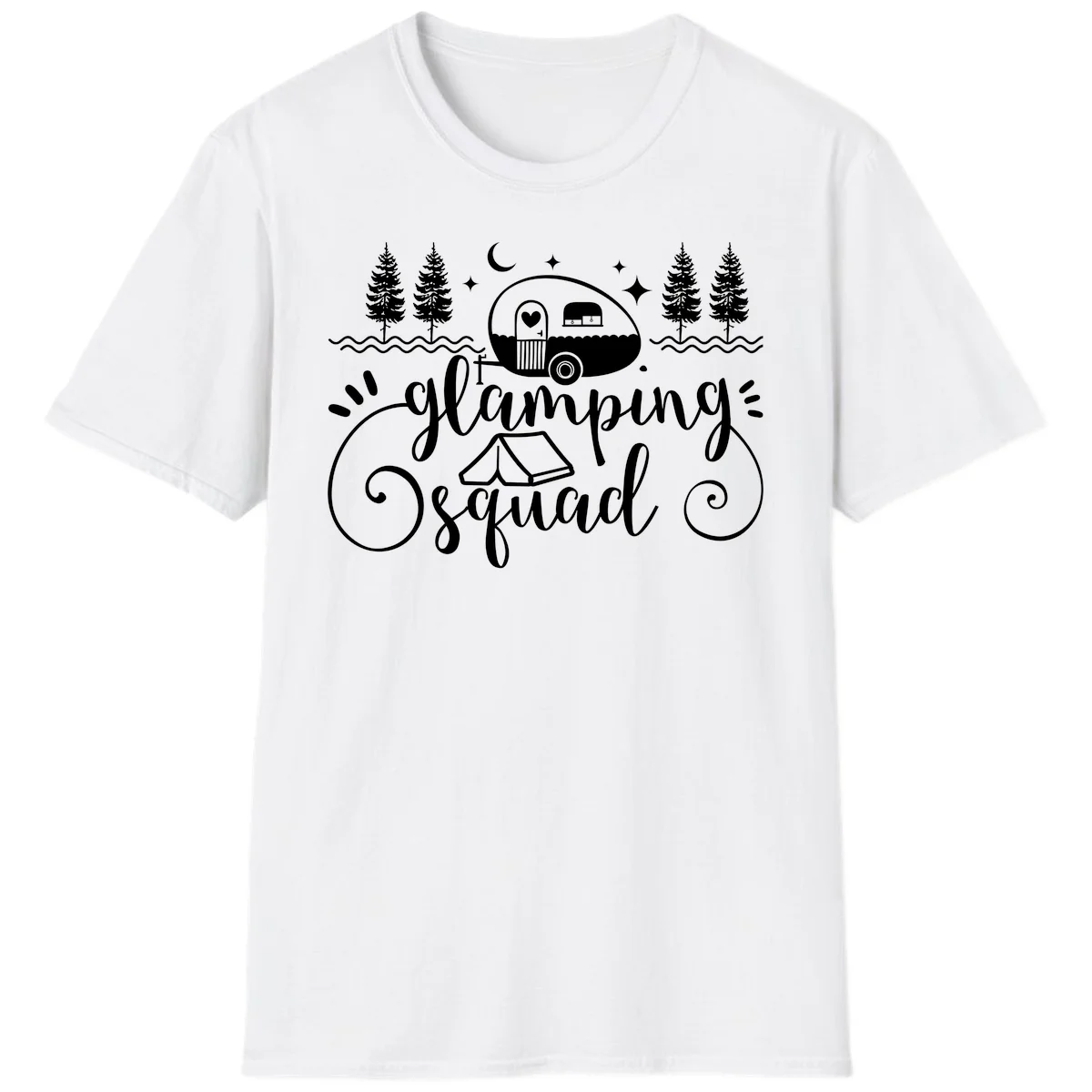 Glamping squad goals design featuring airstream trailer, tent, pine trees, moon and stars with elegant script lettering in White