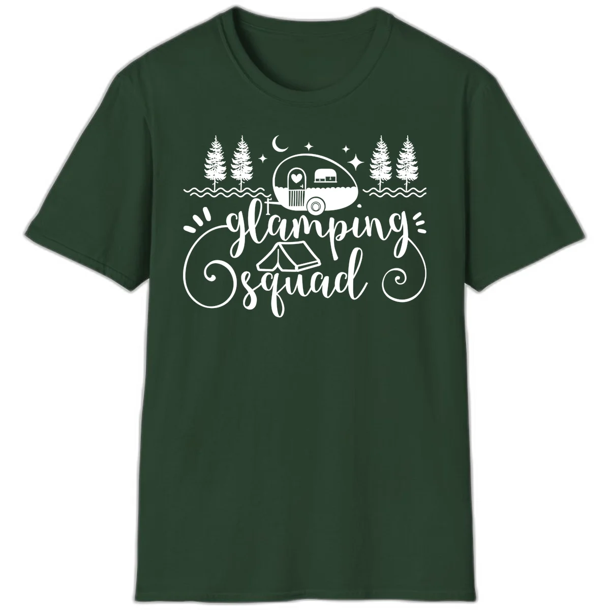 Glamping squad goals design featuring airstream trailer, tent, pine trees, moon and stars with elegant script lettering in Forest Green
