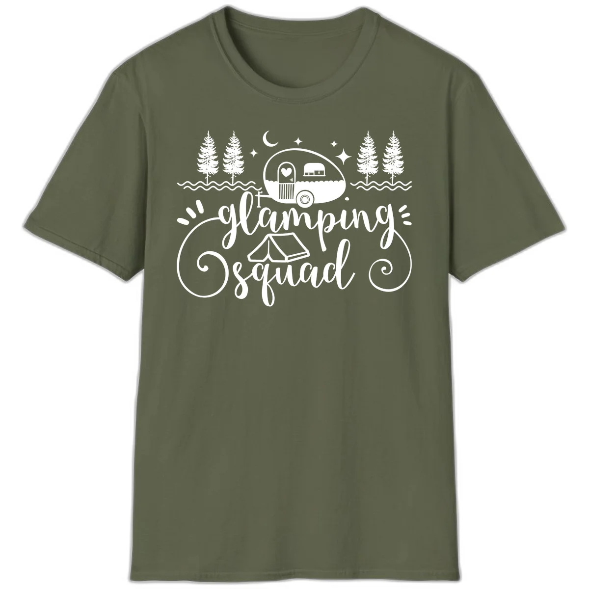 Glamping squad goals design featuring airstream trailer, tent, pine trees, moon and stars with elegant script lettering in Military Green