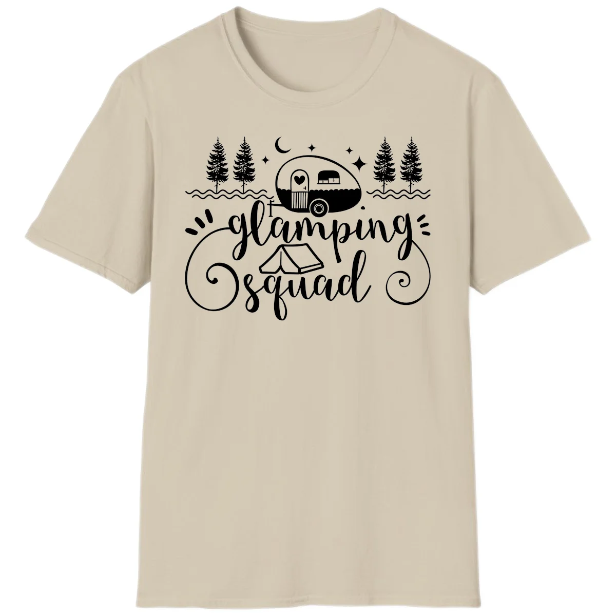 Glamping squad goals design featuring airstream trailer, tent, pine trees, moon and stars with elegant script lettering in Sand