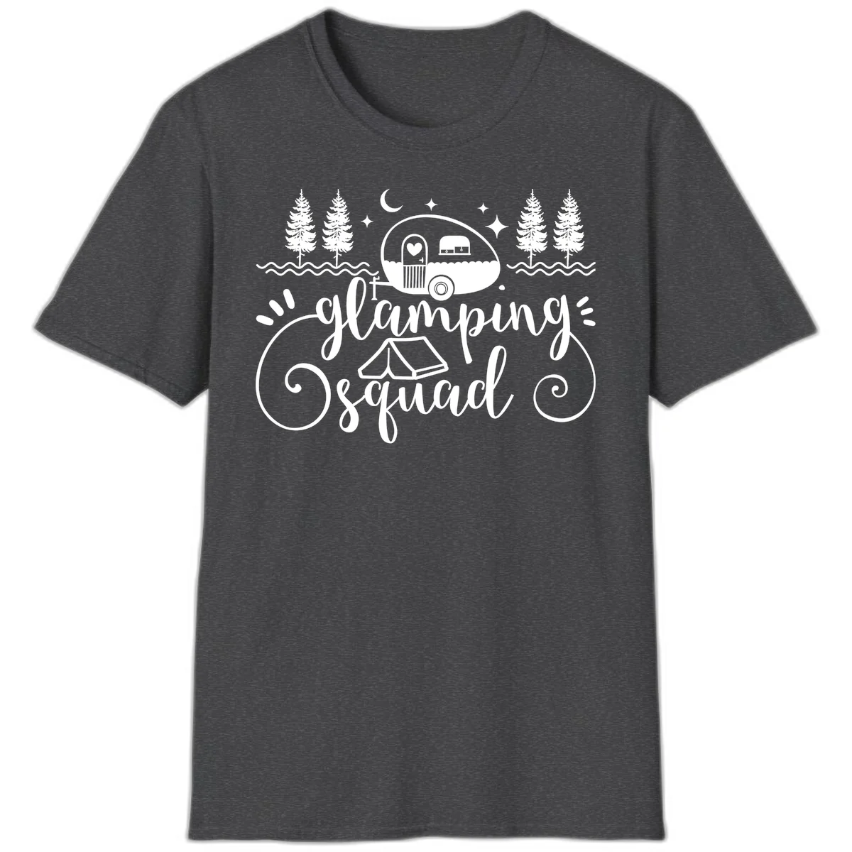 Glamping squad goals design featuring airstream trailer, tent, pine trees, moon and stars with elegant script lettering in Dark Heather