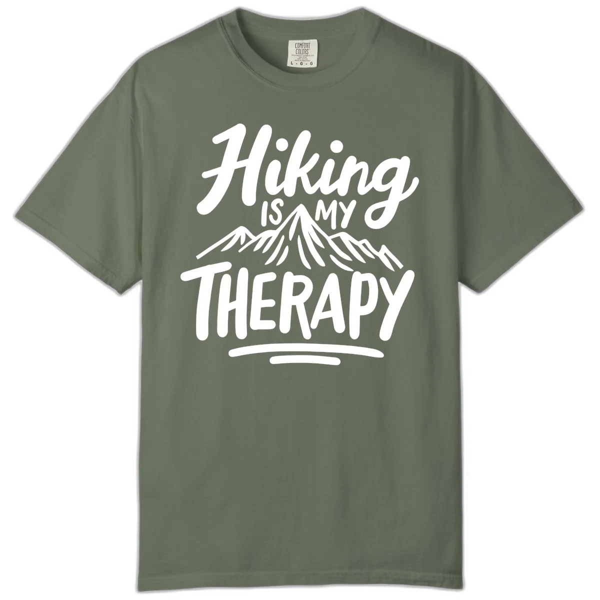 White text reading 'Hiking is MY THERAPY' with illustrated mountain range, on gray background in Moss