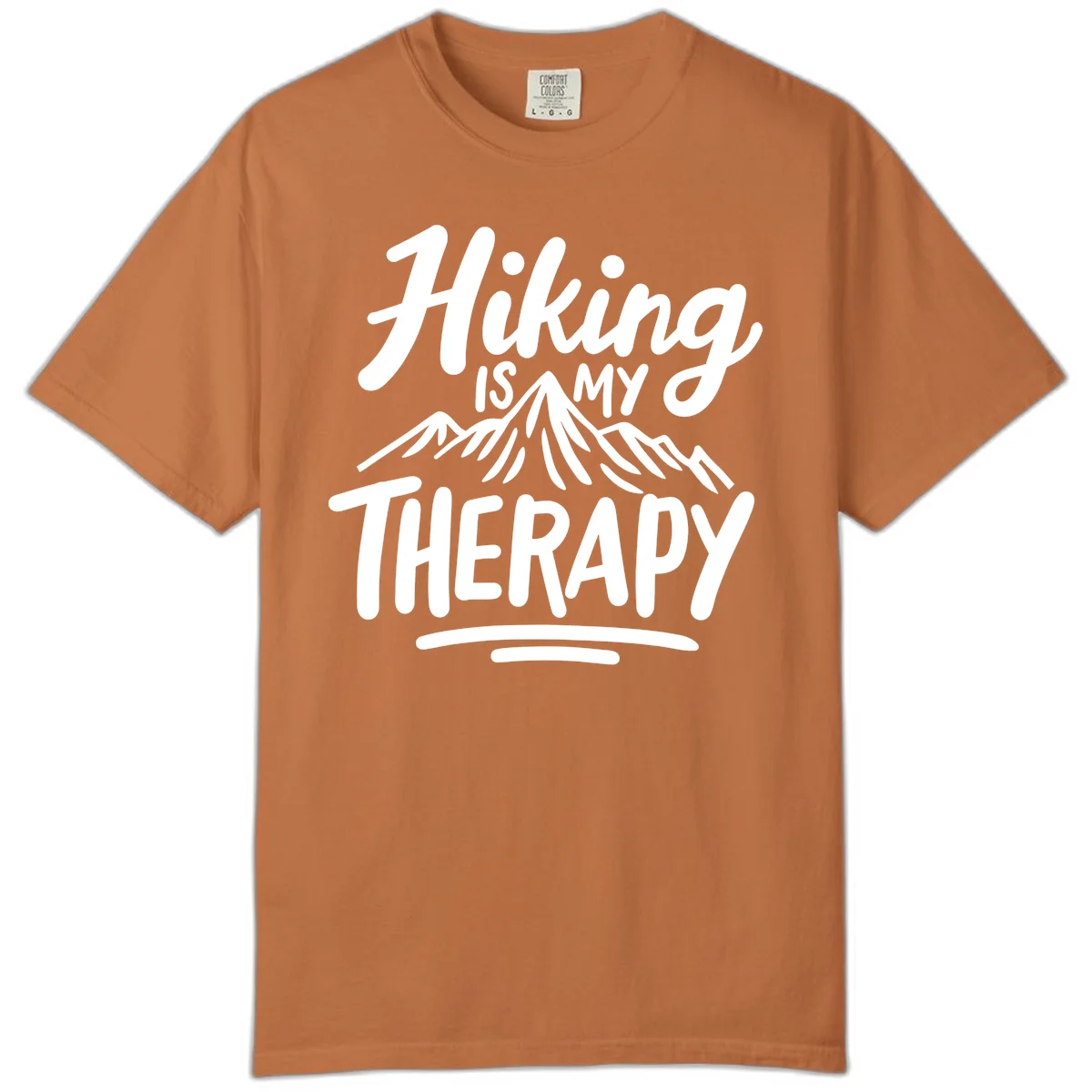 White text reading 'Hiking is MY THERAPY' with illustrated mountain range, on gray background in Yam