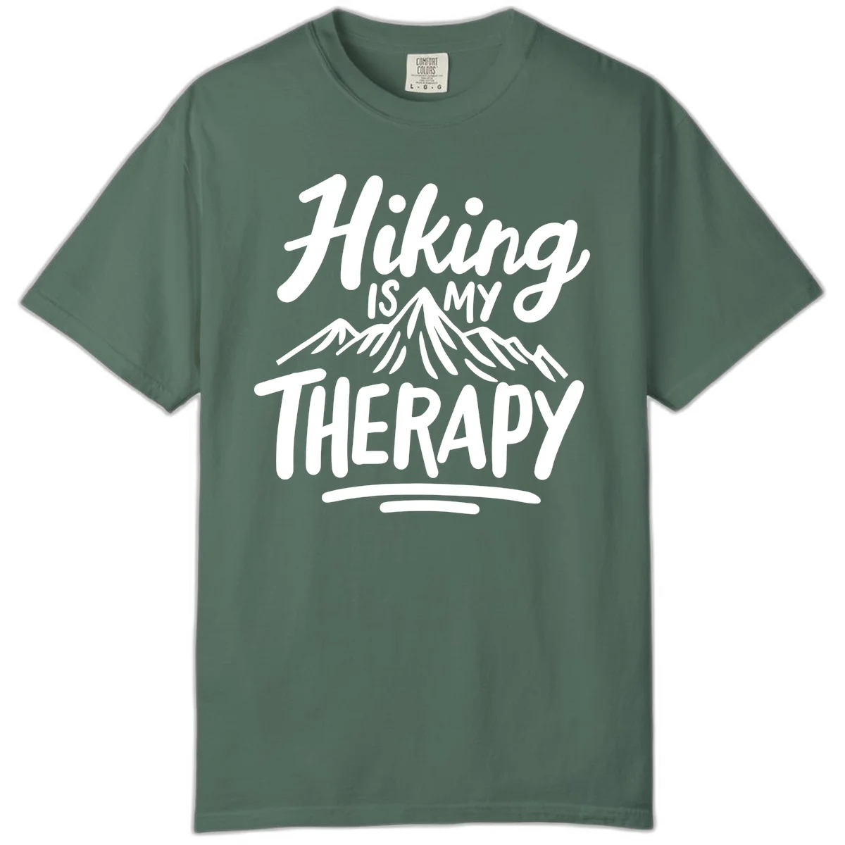 White text reading 'Hiking is MY THERAPY' with illustrated mountain range, on gray background in Blue Spruce
