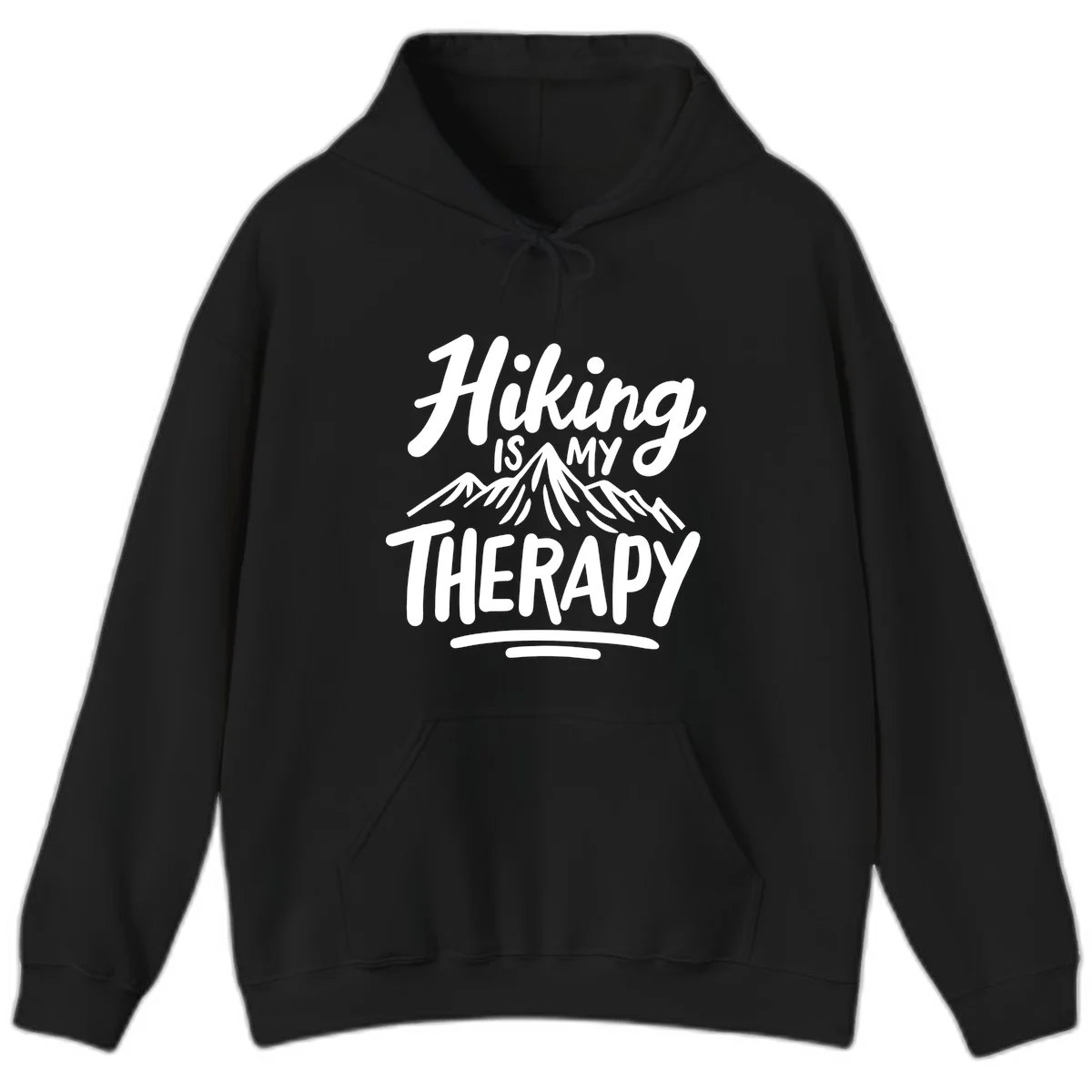 White text reading 'Hiking is MY THERAPY' with illustrated mountain range, on gray background in Black