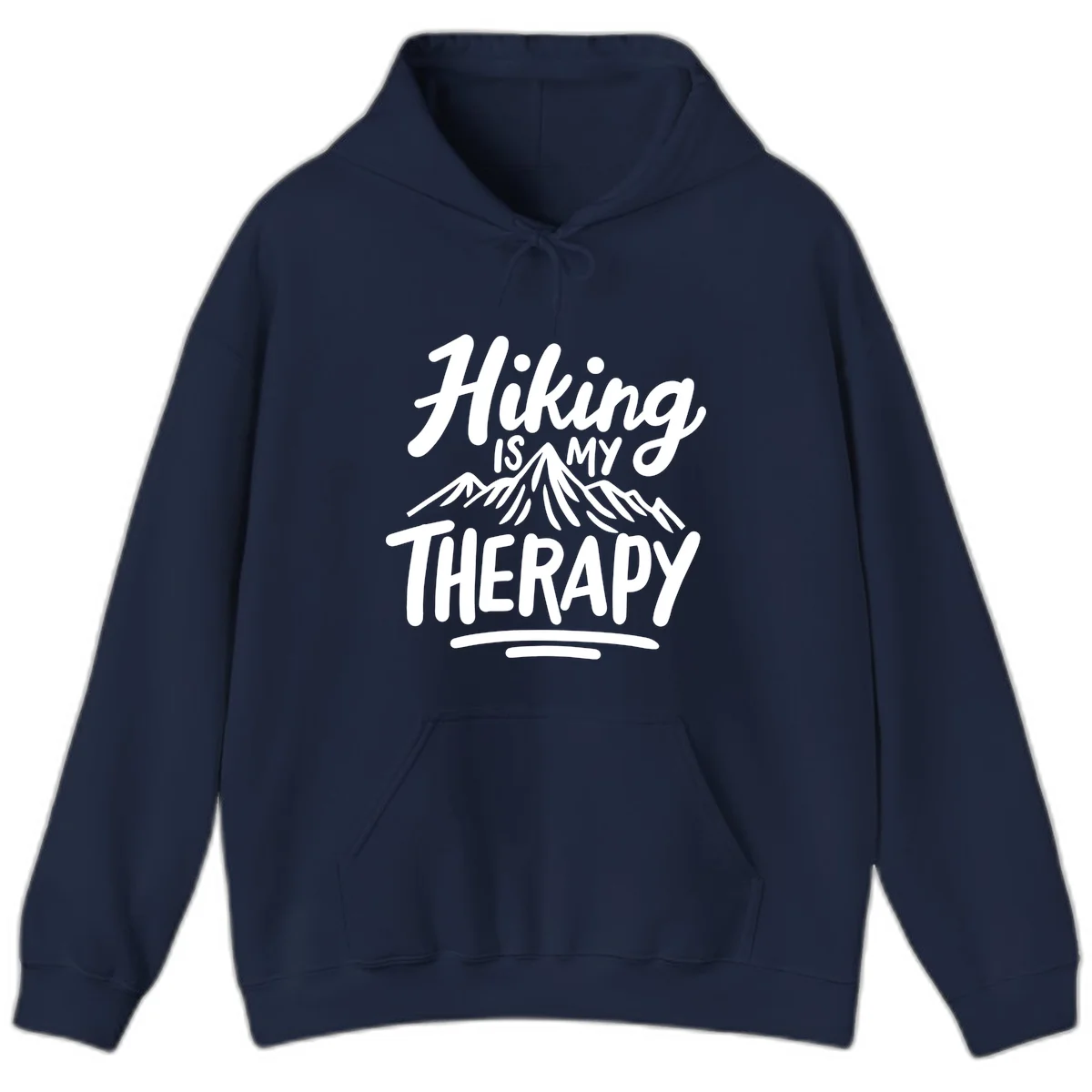 White text reading 'Hiking is MY THERAPY' with illustrated mountain range, on gray background in Navy