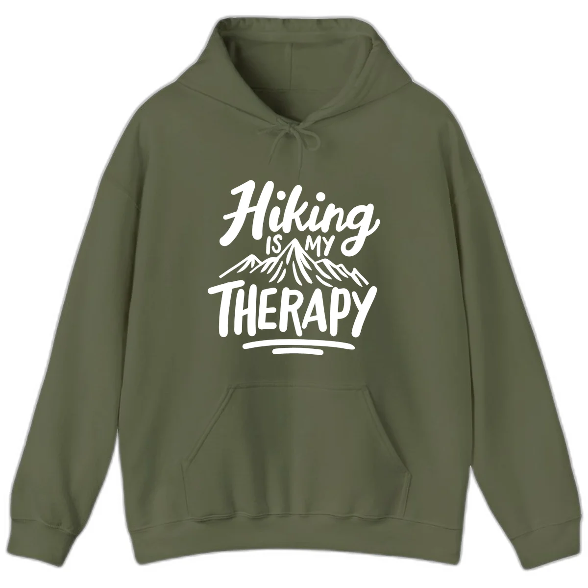 White text reading 'Hiking is MY THERAPY' with illustrated mountain range, on gray background in Military Green
