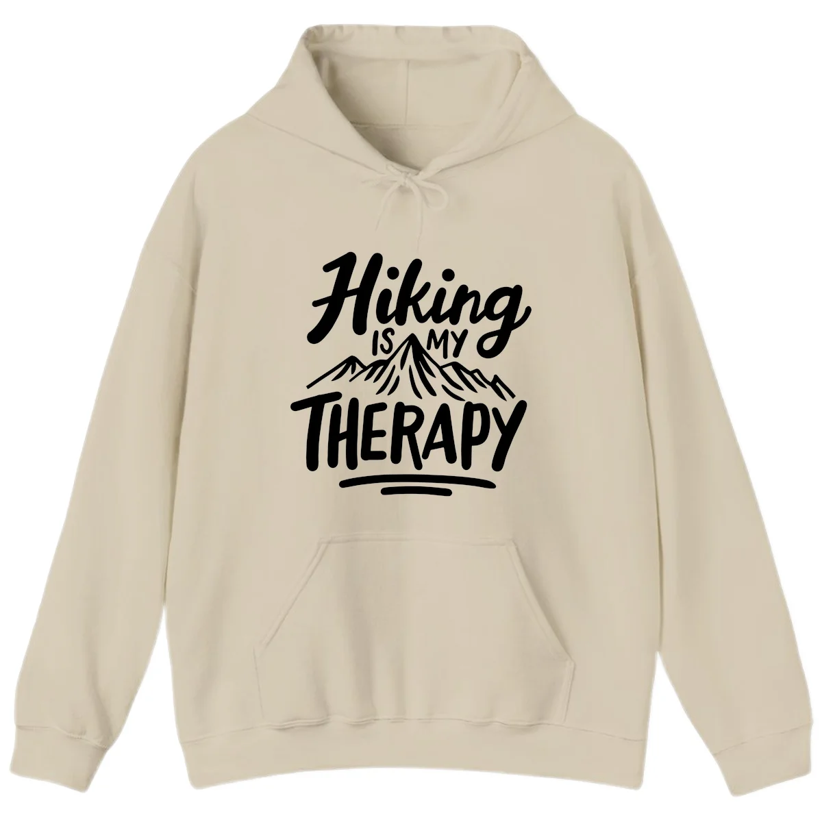 White text reading 'Hiking is MY THERAPY' with illustrated mountain range, on gray background in Sand