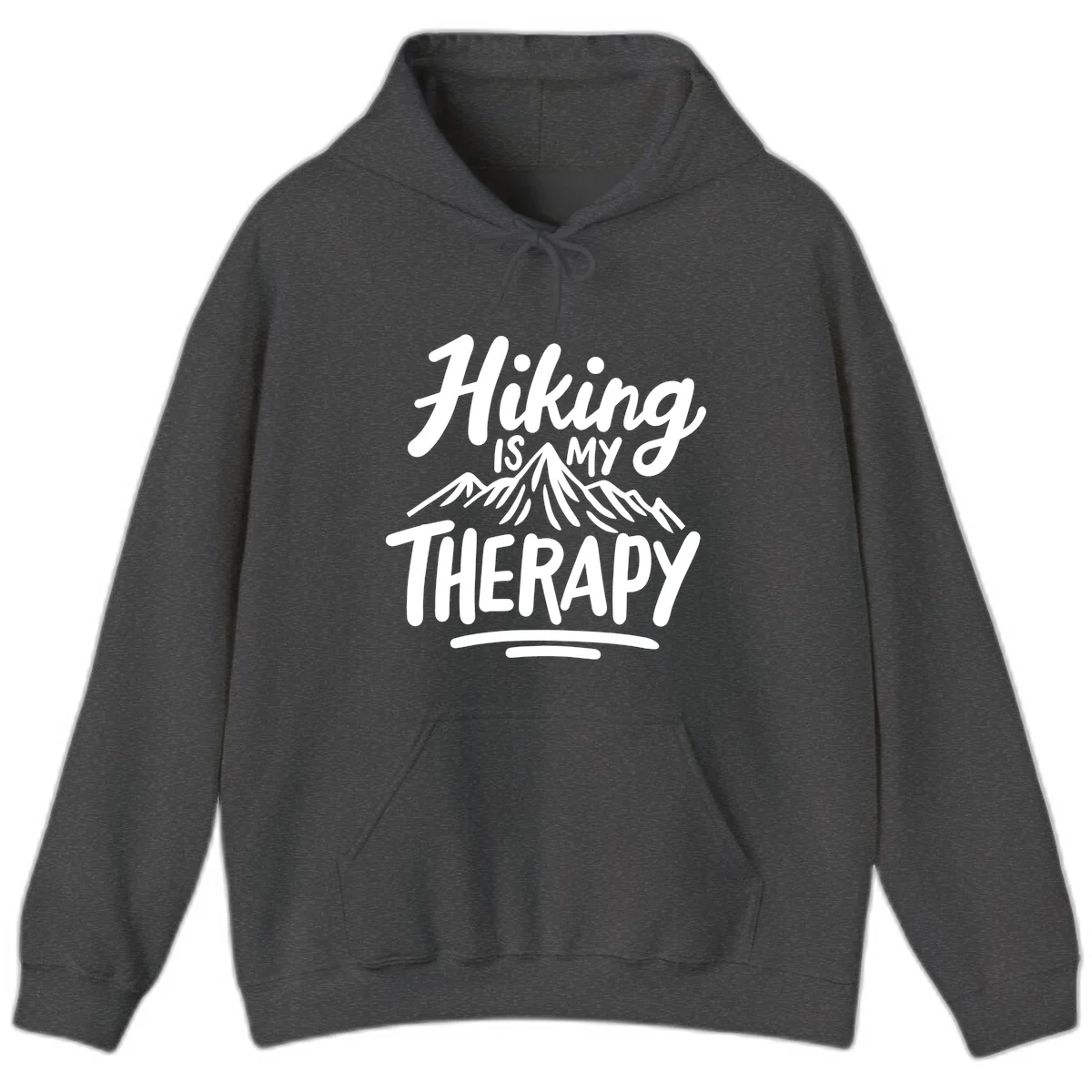 White text reading 'Hiking is MY THERAPY' with illustrated mountain range, on gray background in Dark Heather