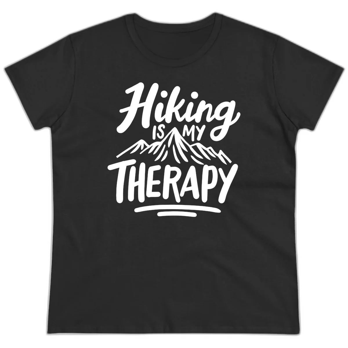 White text reading 'Hiking is MY THERAPY' with illustrated mountain range, on gray background in Black