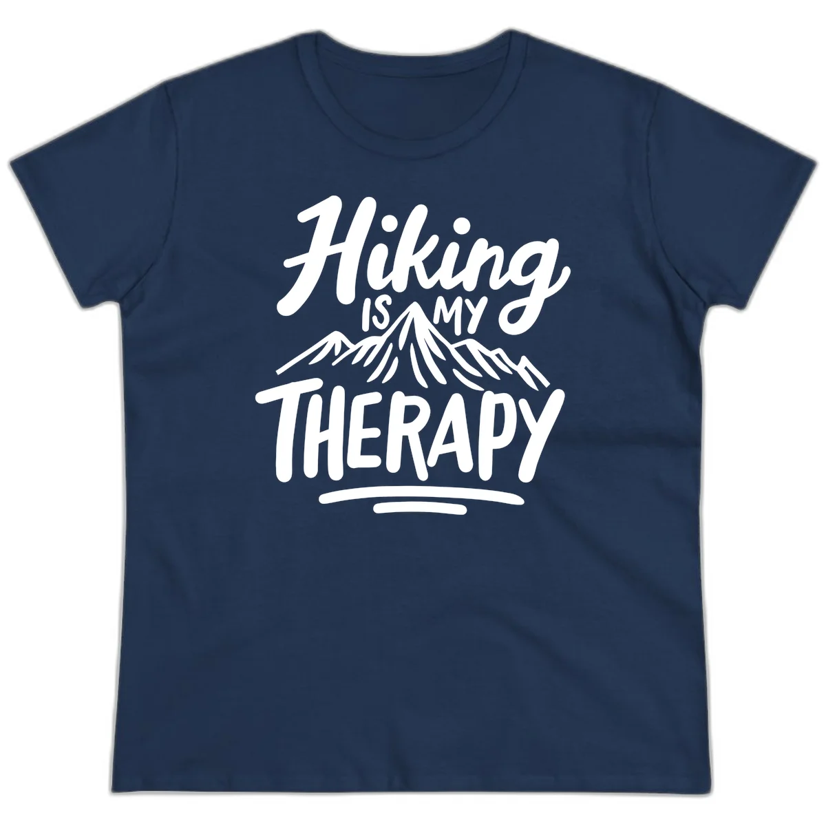 White text reading 'Hiking is MY THERAPY' with illustrated mountain range, on gray background in Navy