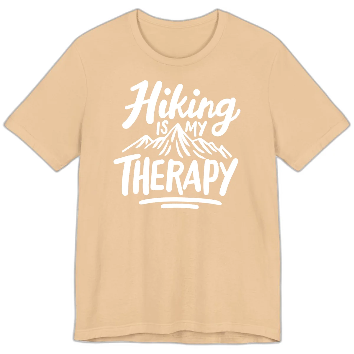 White text reading 'Hiking is MY THERAPY' with illustrated mountain range, on gray background in Sand Dune