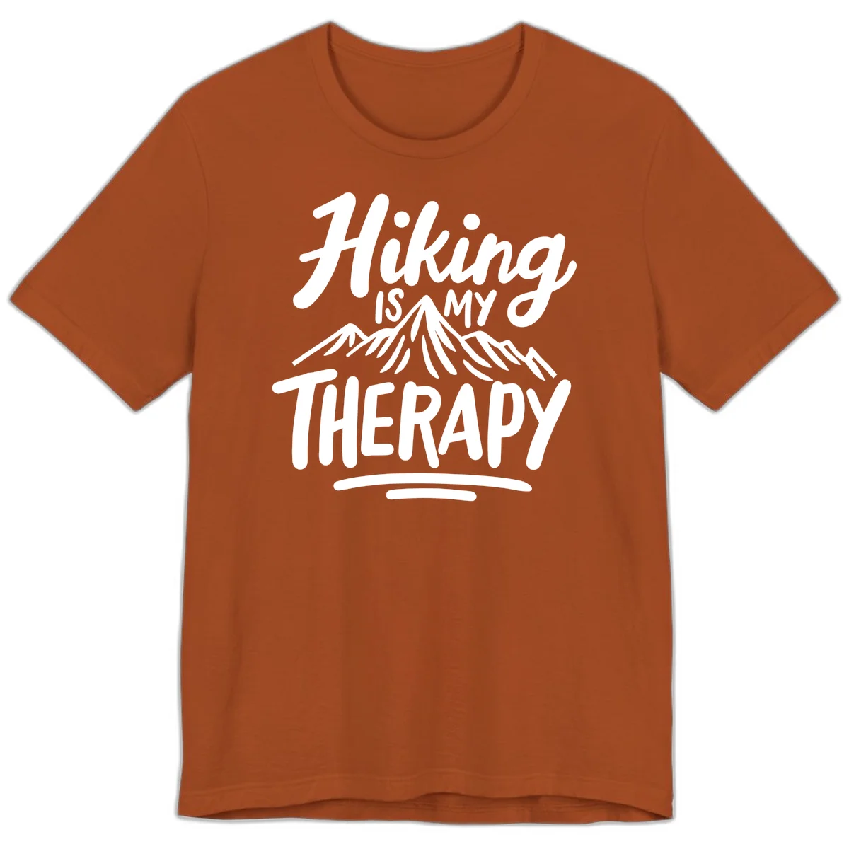 White text reading 'Hiking is MY THERAPY' with illustrated mountain range, on gray background in Autumn