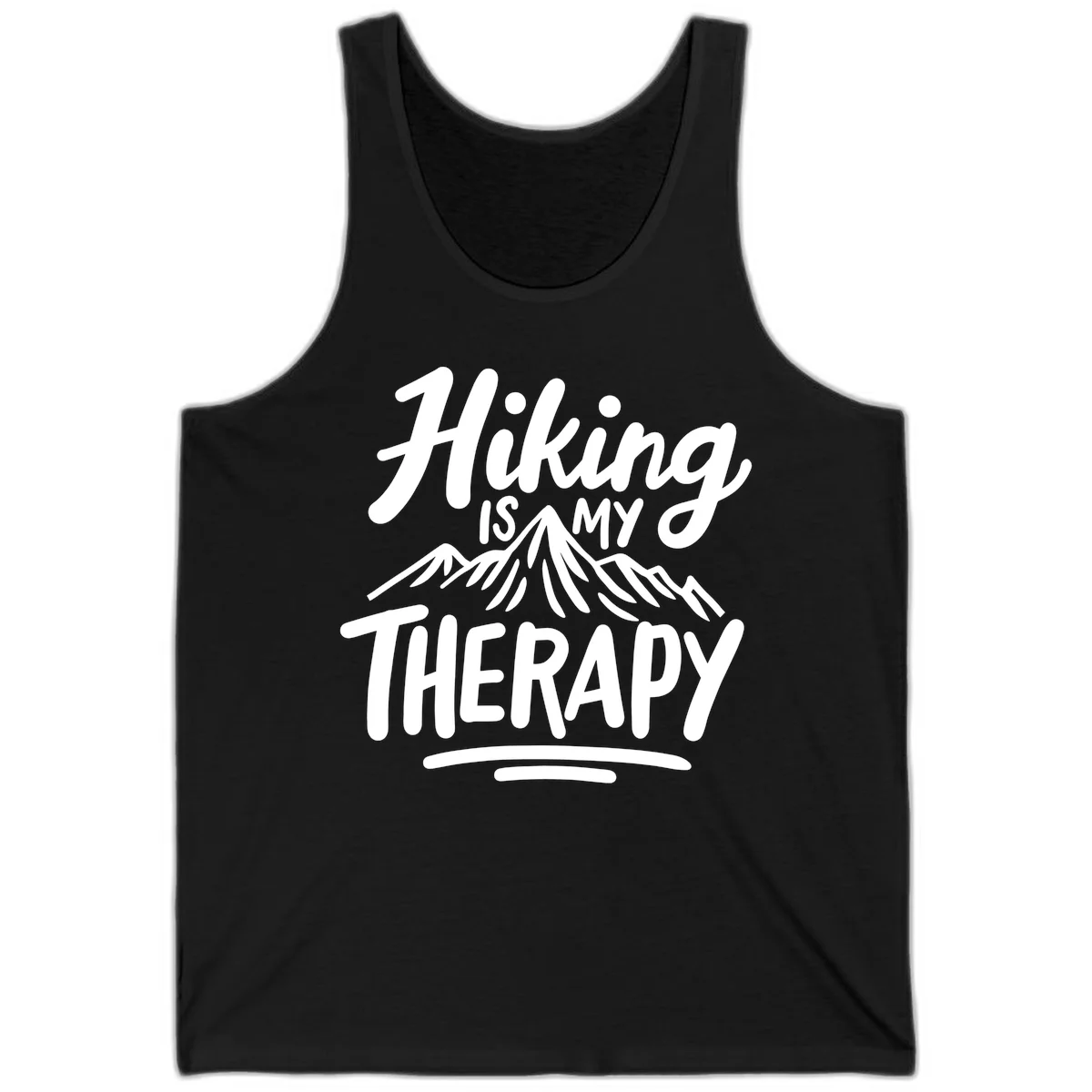 White text reading 'Hiking is MY THERAPY' with illustrated mountain range, on gray background in Black