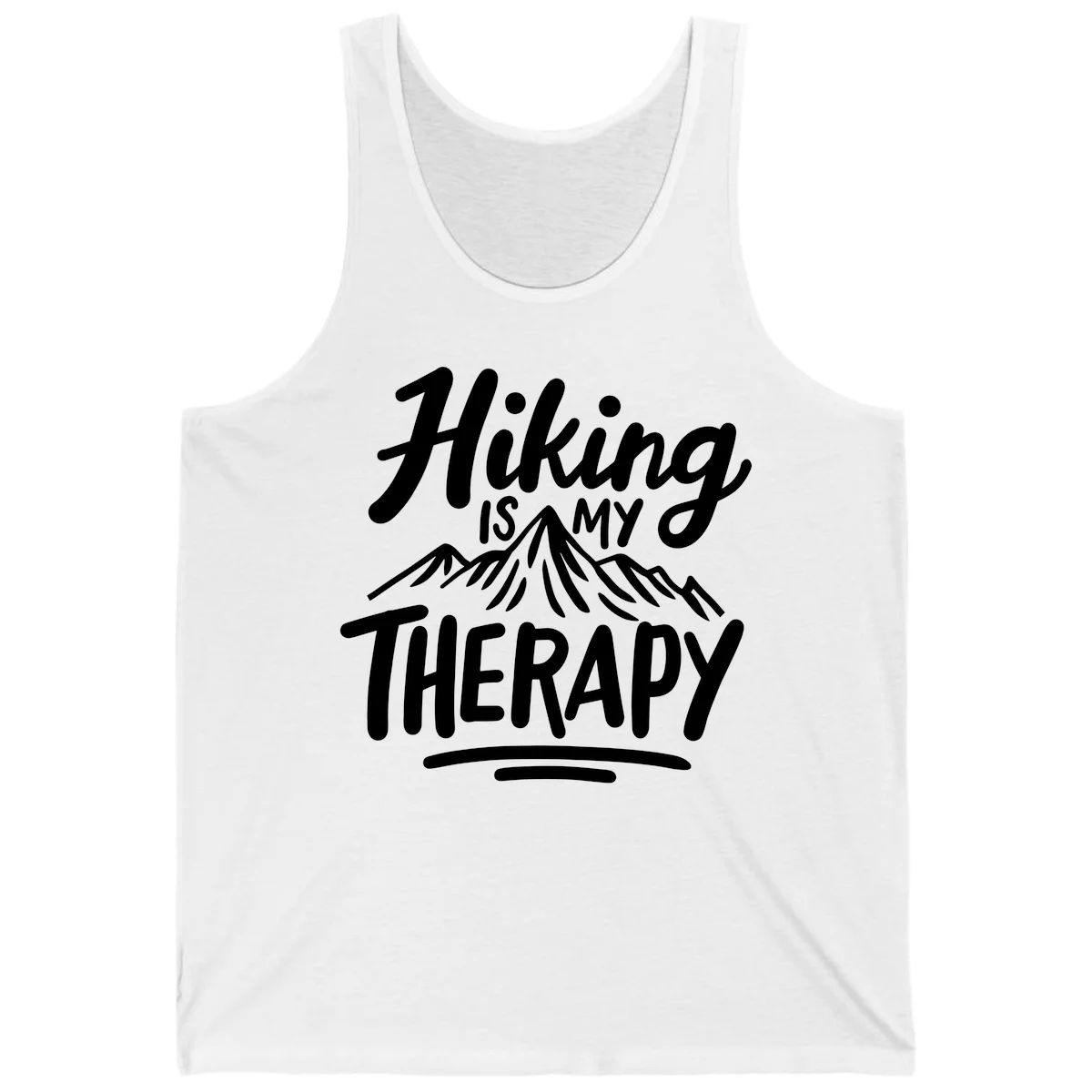 White text reading 'Hiking is MY THERAPY' with illustrated mountain range, on gray background in White