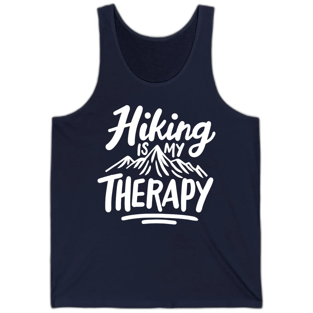 White text reading 'Hiking is MY THERAPY' with illustrated mountain range, on gray background in Navy