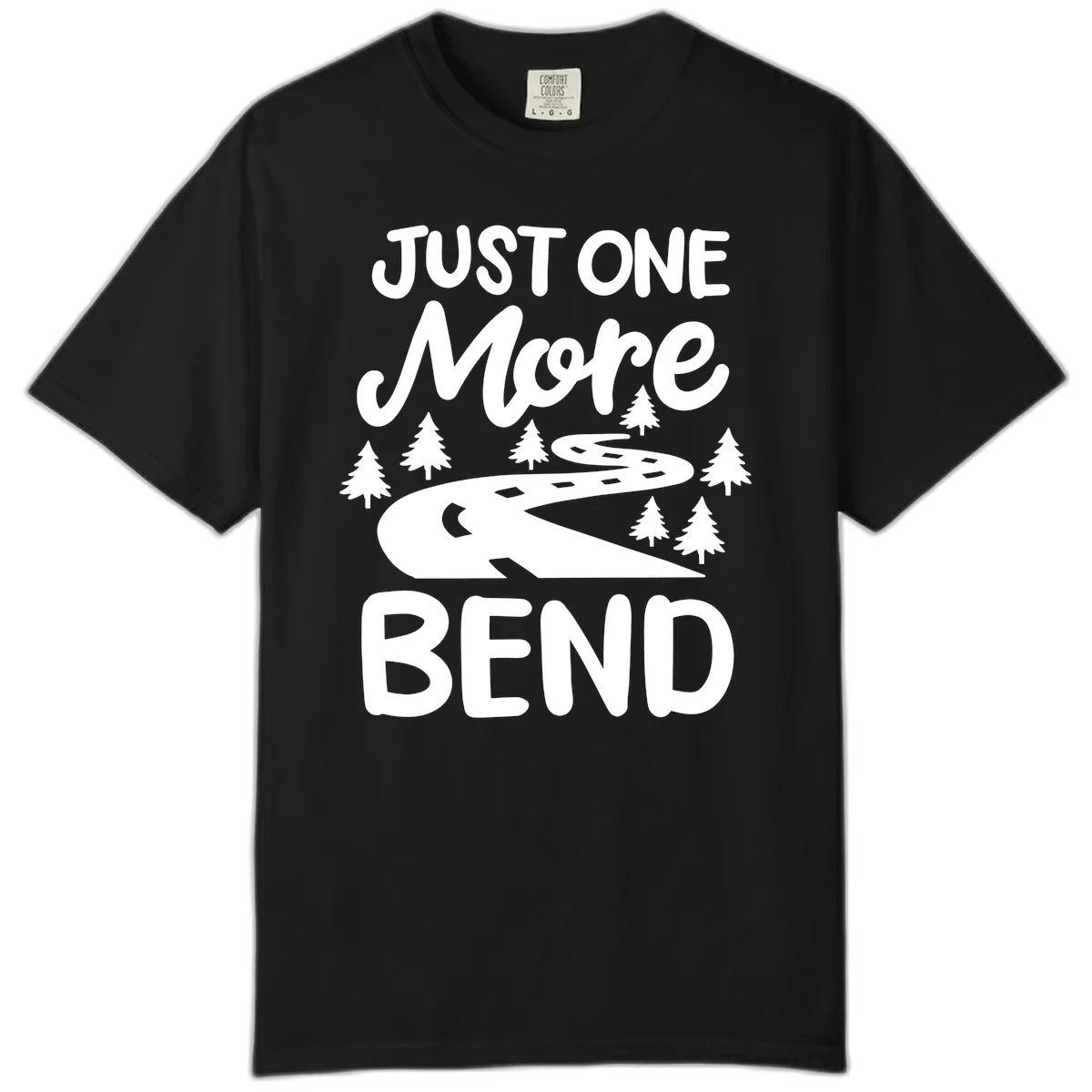 White design on gray background showing a winding road through evergreen trees with cursive text reading 'Just One More Bend' in Black