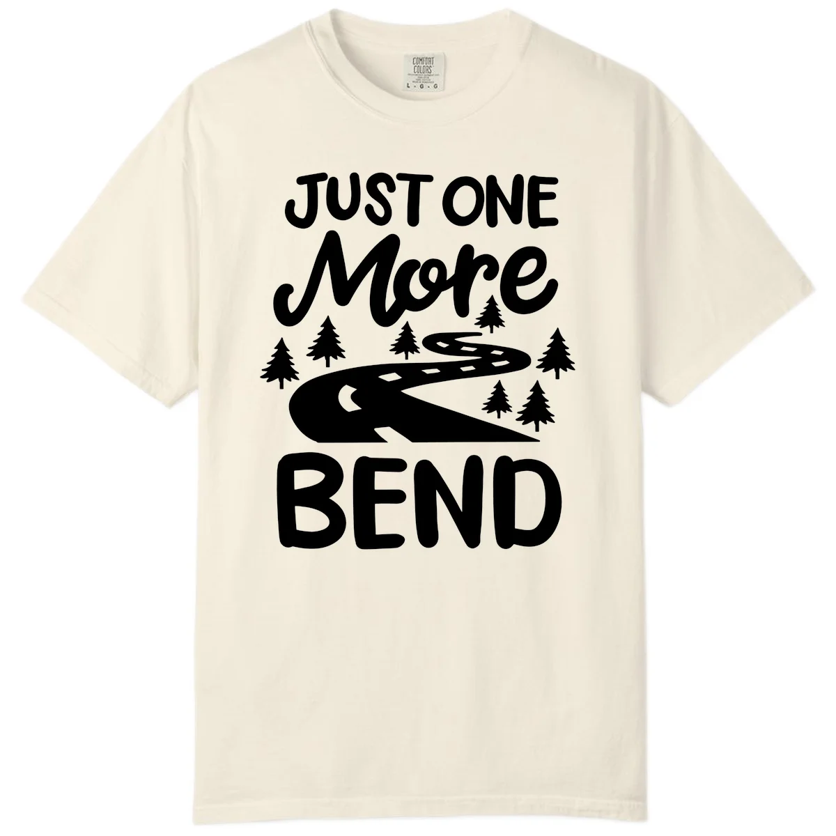 White design on gray background showing a winding road through evergreen trees with cursive text reading 'Just One More Bend' in Ivory