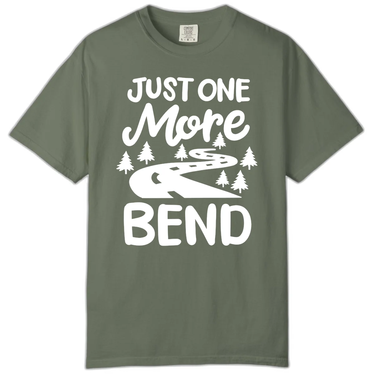 White design on gray background showing a winding road through evergreen trees with cursive text reading 'Just One More Bend' in Moss