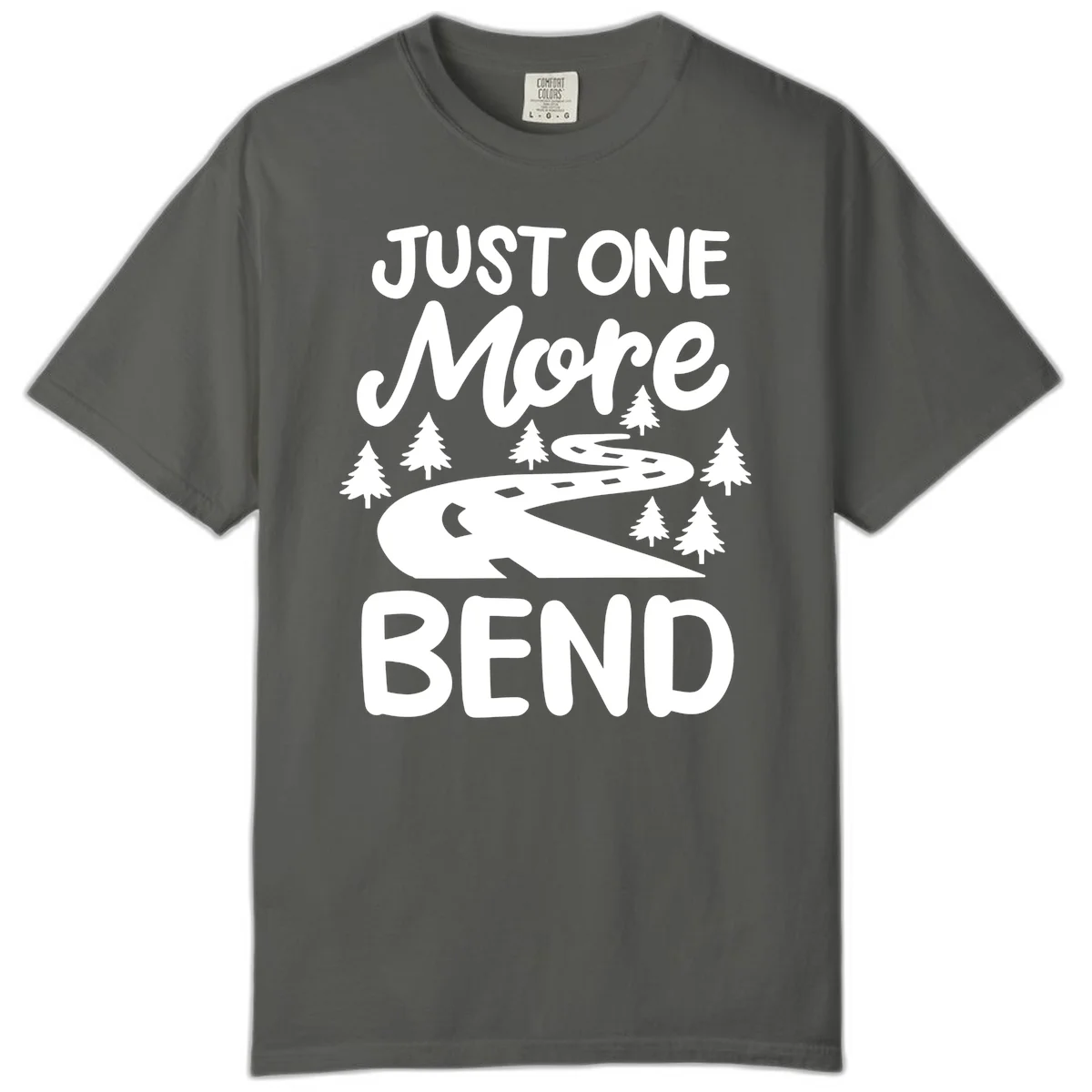 White design on gray background showing a winding road through evergreen trees with cursive text reading 'Just One More Bend' in Pepper