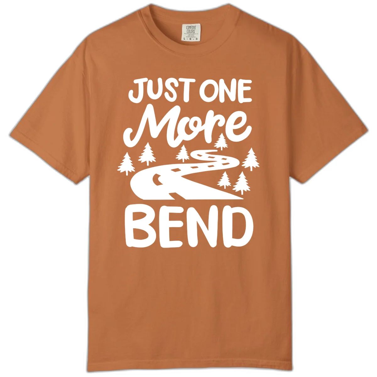 White design on gray background showing a winding road through evergreen trees with cursive text reading 'Just One More Bend' in Yam