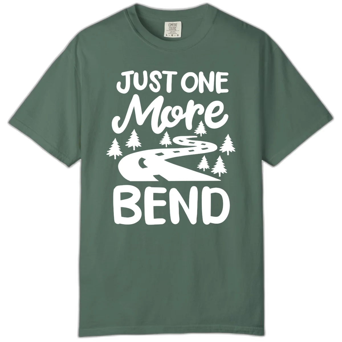 White design on gray background showing a winding road through evergreen trees with cursive text reading 'Just One More Bend' in Blue Spruce