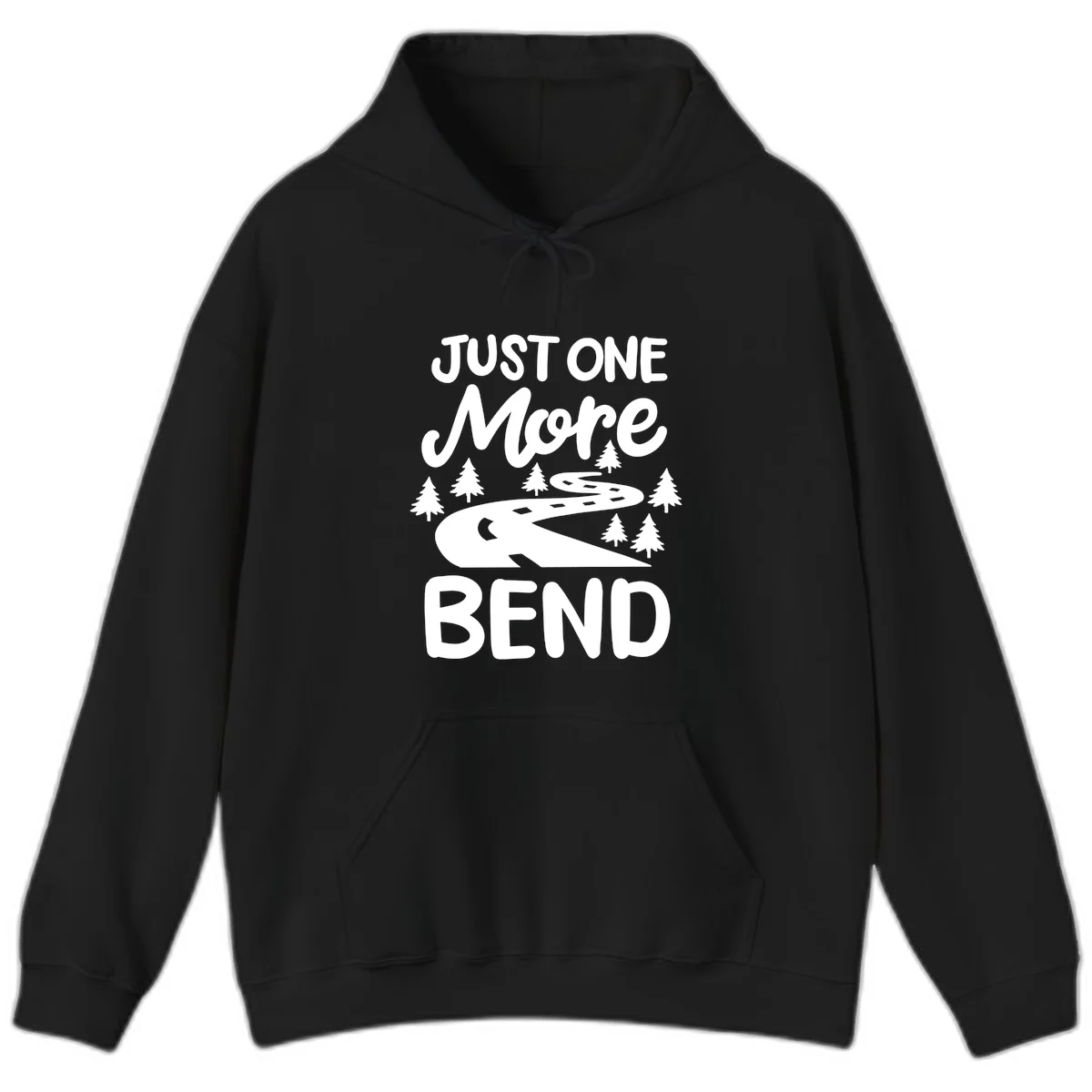 White design on gray background showing a winding road through evergreen trees with cursive text reading 'Just One More Bend' in Black