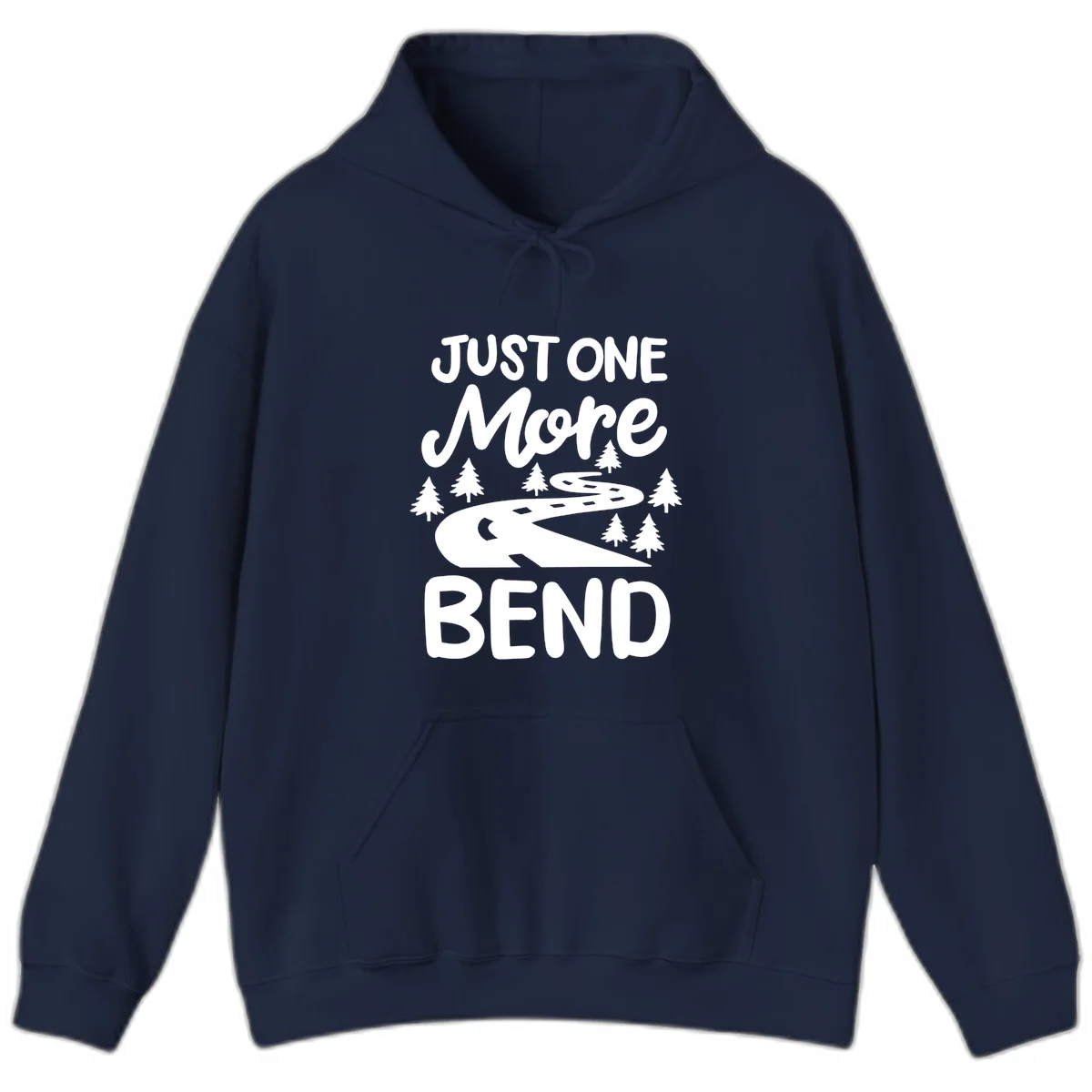 White design on gray background showing a winding road through evergreen trees with cursive text reading 'Just One More Bend' in Navy