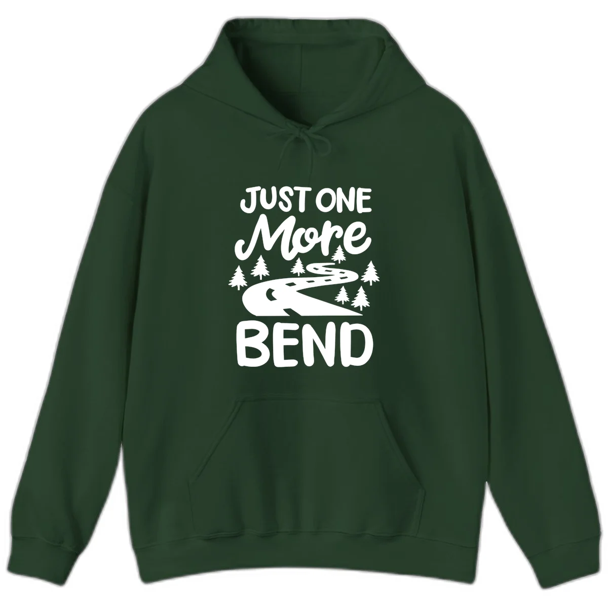 White design on gray background showing a winding road through evergreen trees with cursive text reading 'Just One More Bend' in Forest Green