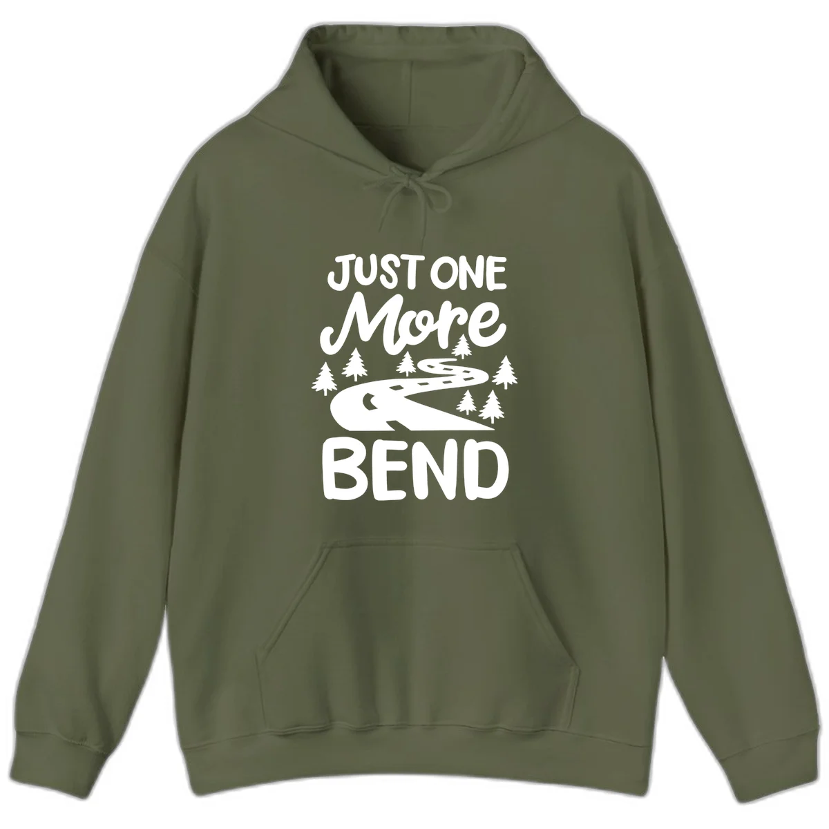 White design on gray background showing a winding road through evergreen trees with cursive text reading 'Just One More Bend' in Military Green