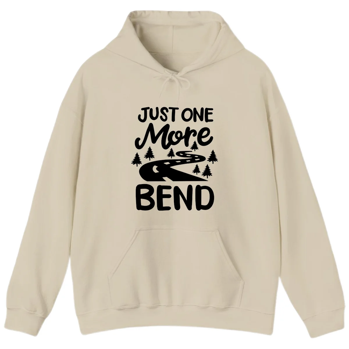 White design on gray background showing a winding road through evergreen trees with cursive text reading 'Just One More Bend' in Sand