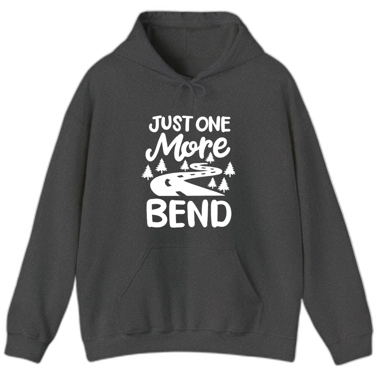 White design on gray background showing a winding road through evergreen trees with cursive text reading 'Just One More Bend' in Dark Heather