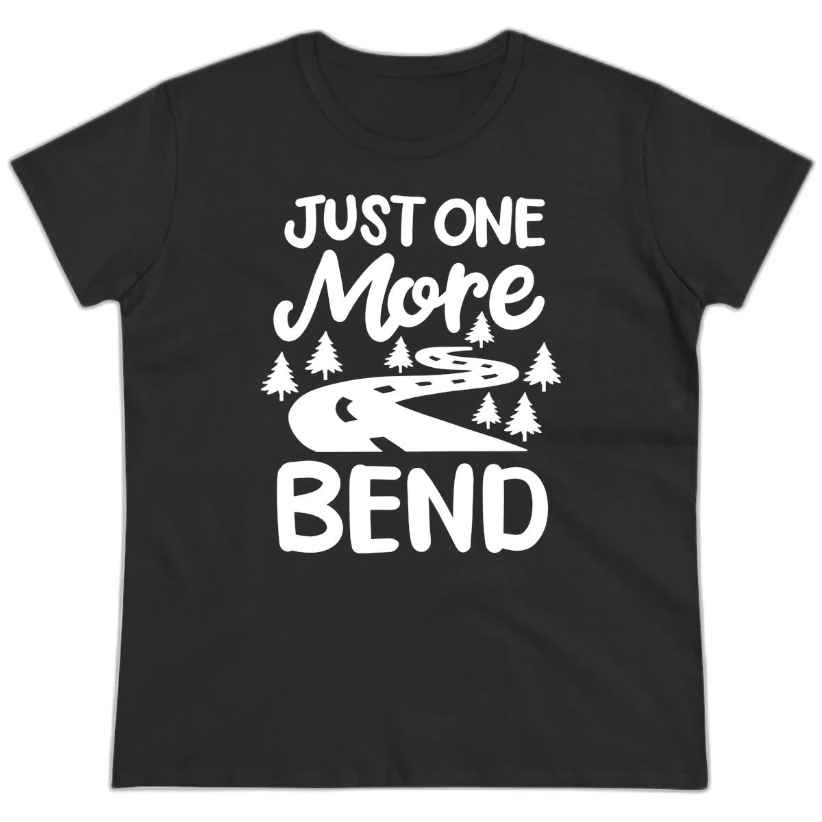 White design on gray background showing a winding road through evergreen trees with cursive text reading 'Just One More Bend' in Black