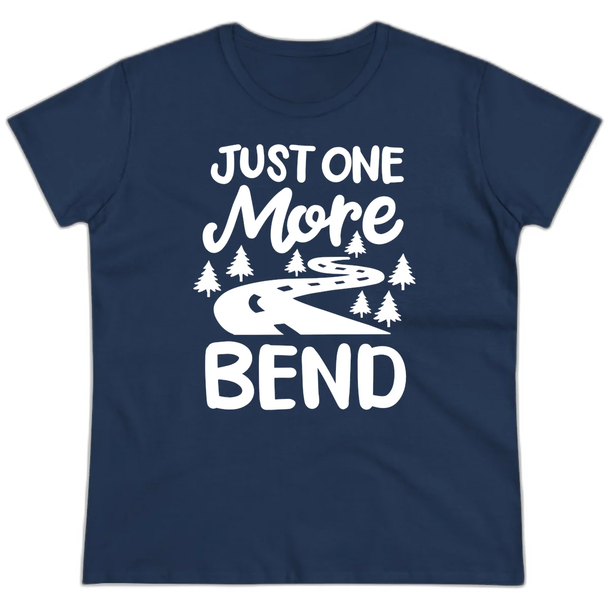 White design on gray background showing a winding road through evergreen trees with cursive text reading 'Just One More Bend' in Navy