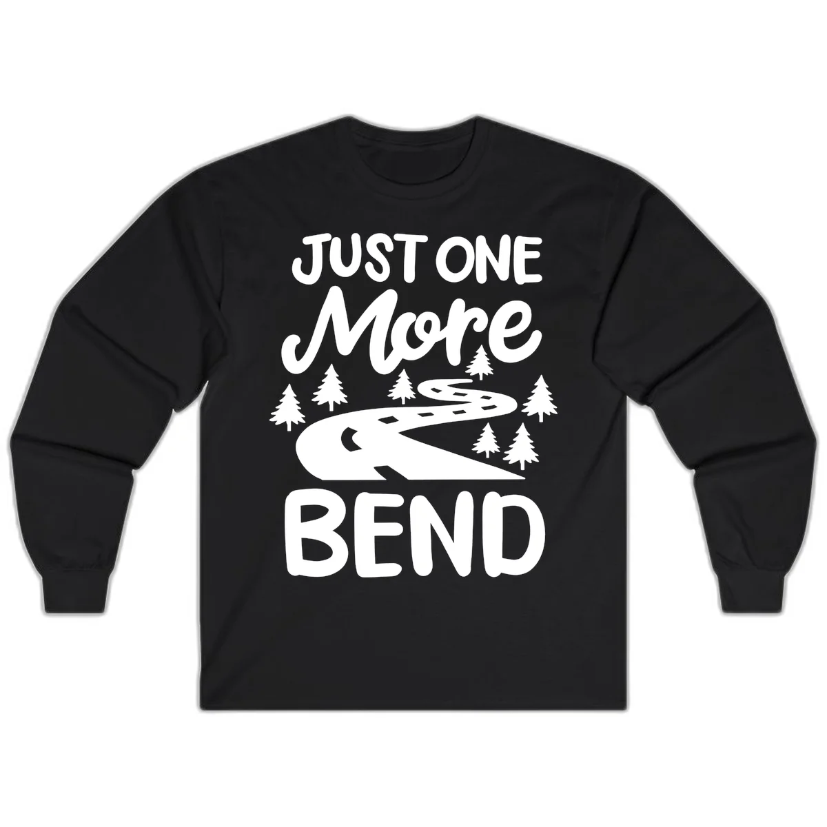 White design on gray background showing a winding road through evergreen trees with cursive text reading 'Just One More Bend' in Black