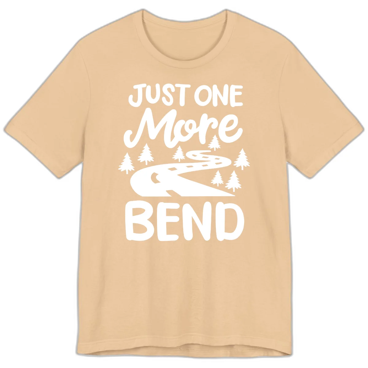 White design on gray background showing a winding road through evergreen trees with cursive text reading 'Just One More Bend' in Sand Dune