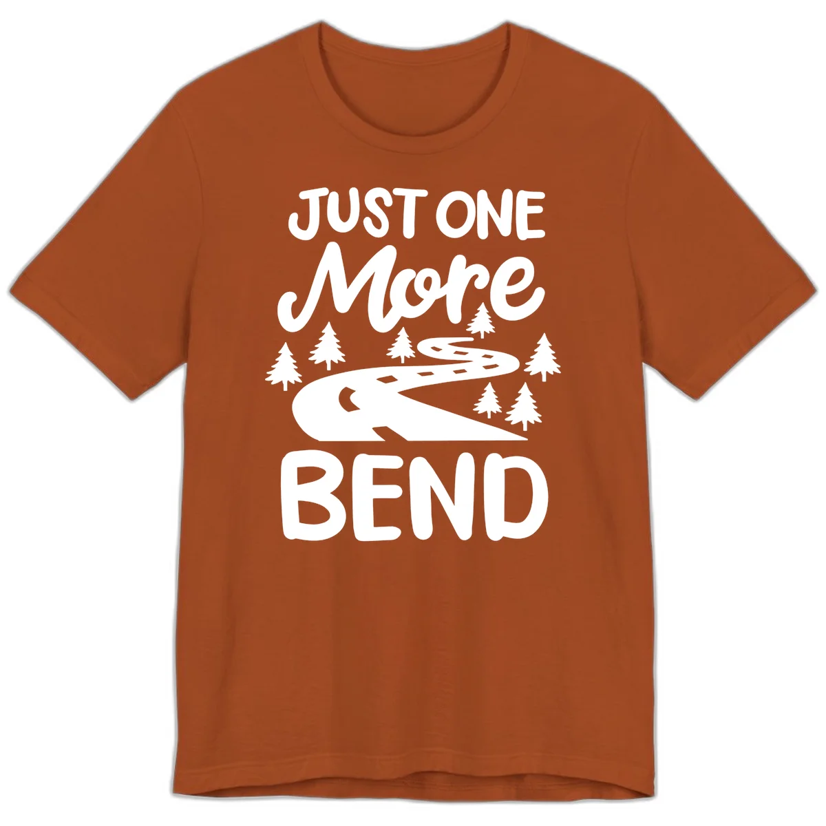 White design on gray background showing a winding road through evergreen trees with cursive text reading 'Just One More Bend' in Autumn