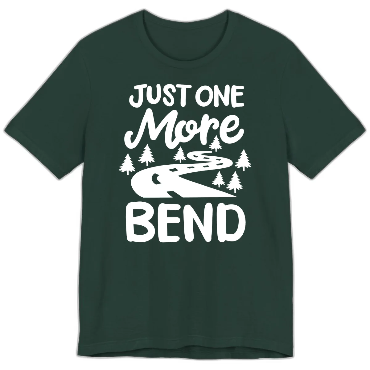 White design on gray background showing a winding road through evergreen trees with cursive text reading 'Just One More Bend' in Forest