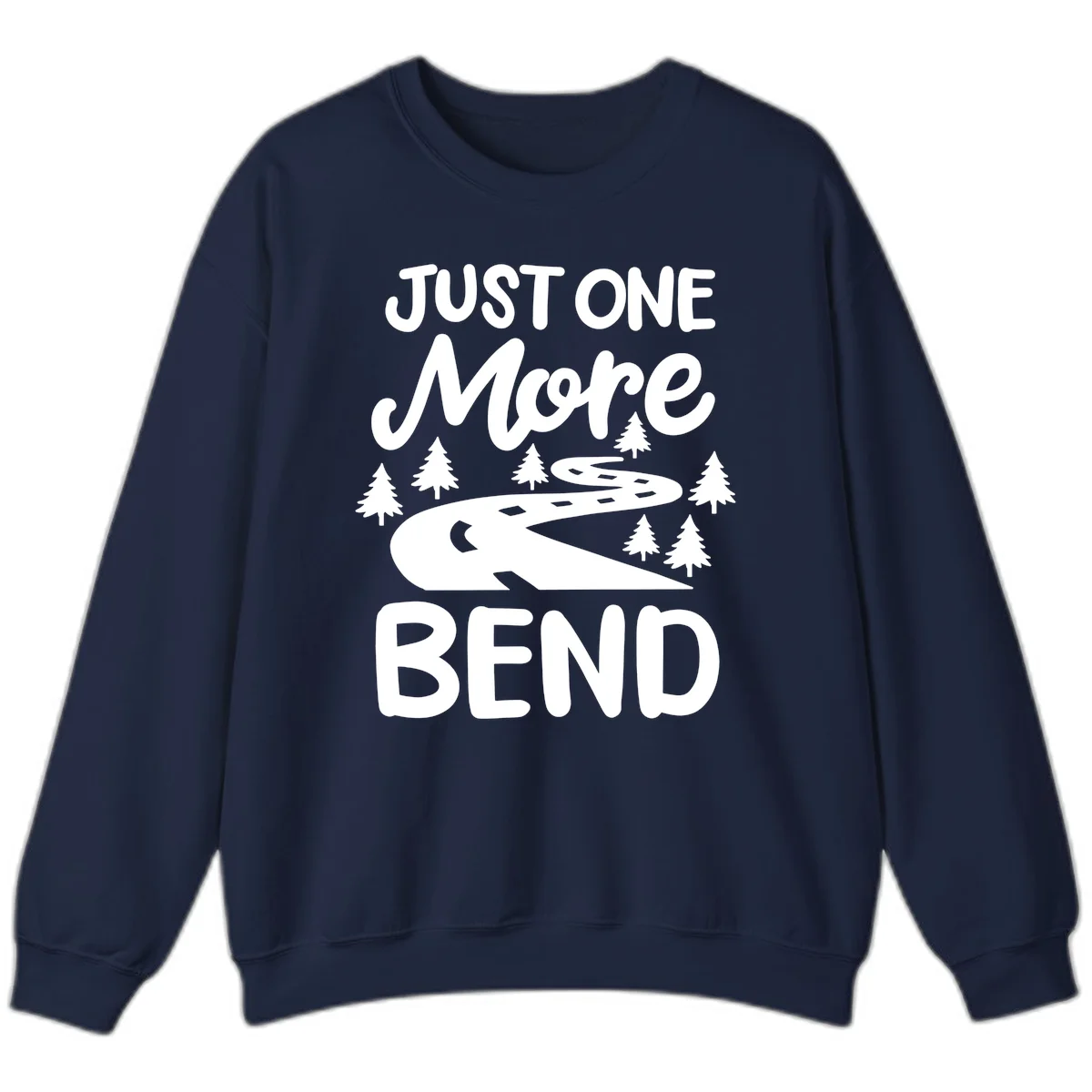 White design on gray background showing a winding road through evergreen trees with cursive text reading 'Just One More Bend' in Navy