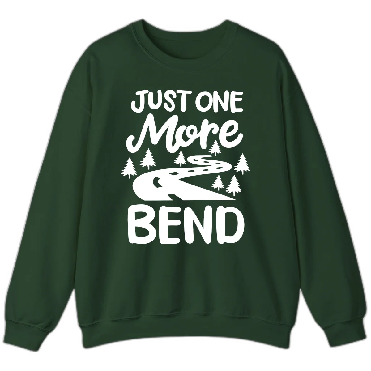 White design on gray background showing a winding road through evergreen trees with cursive text reading 'Just One More Bend' in Forest Green