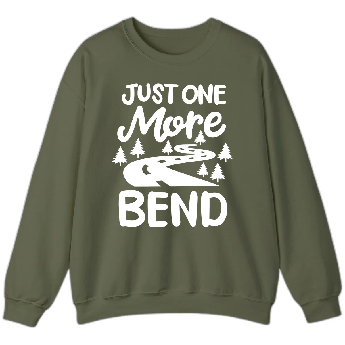 White design on gray background showing a winding road through evergreen trees with cursive text reading 'Just One More Bend' in Military Green