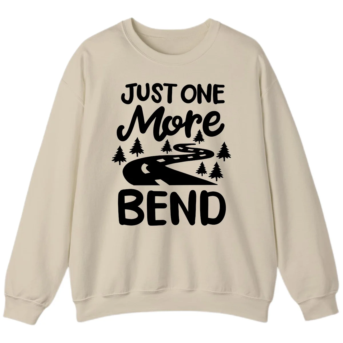 White design on gray background showing a winding road through evergreen trees with cursive text reading 'Just One More Bend' in Sand