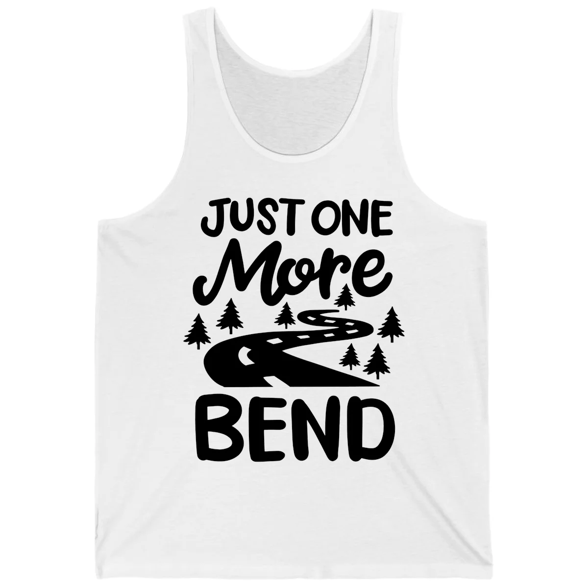 White design on gray background showing a winding road through evergreen trees with cursive text reading 'Just One More Bend' in White