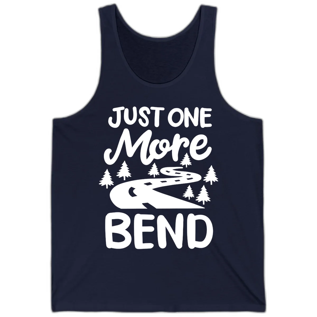 White design on gray background showing a winding road through evergreen trees with cursive text reading 'Just One More Bend' in Navy