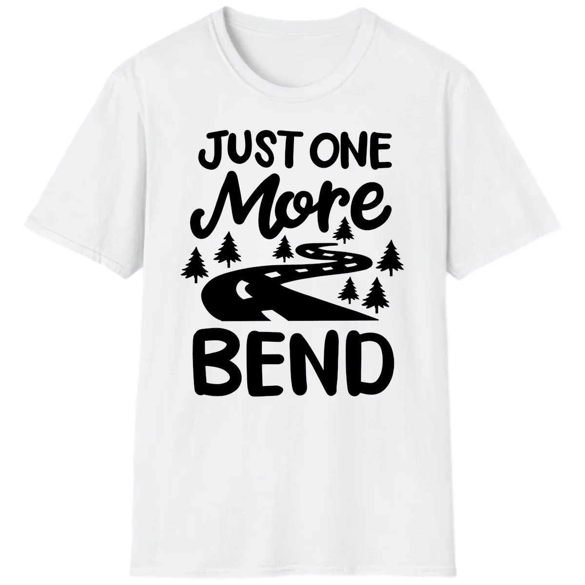 White design on gray background showing a winding road through evergreen trees with cursive text reading 'Just One More Bend' in White