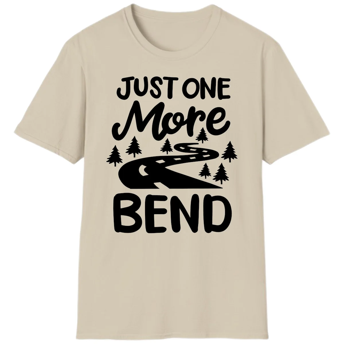 White design on gray background showing a winding road through evergreen trees with cursive text reading 'Just One More Bend' in Sand